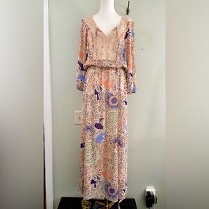 DR2 bohemian Geometric Long Sleeve Maxi Dress - Cream, Blue, Orange M